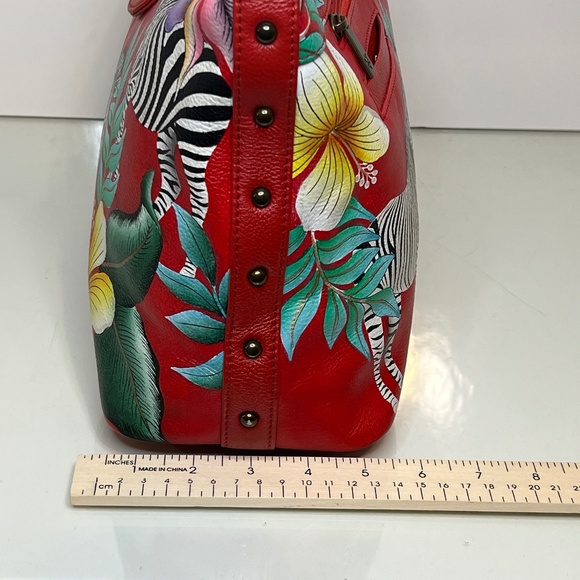 Anuschka Purse Genuine Leather Hand Painted Red Zebra Tropical Floral Bag - Picture 15 of 16